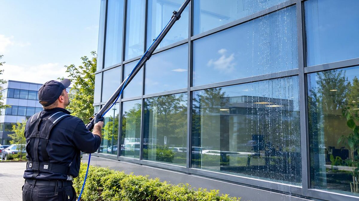 Window cleaner cleaning the glass frontage of an office building with a long reach pole